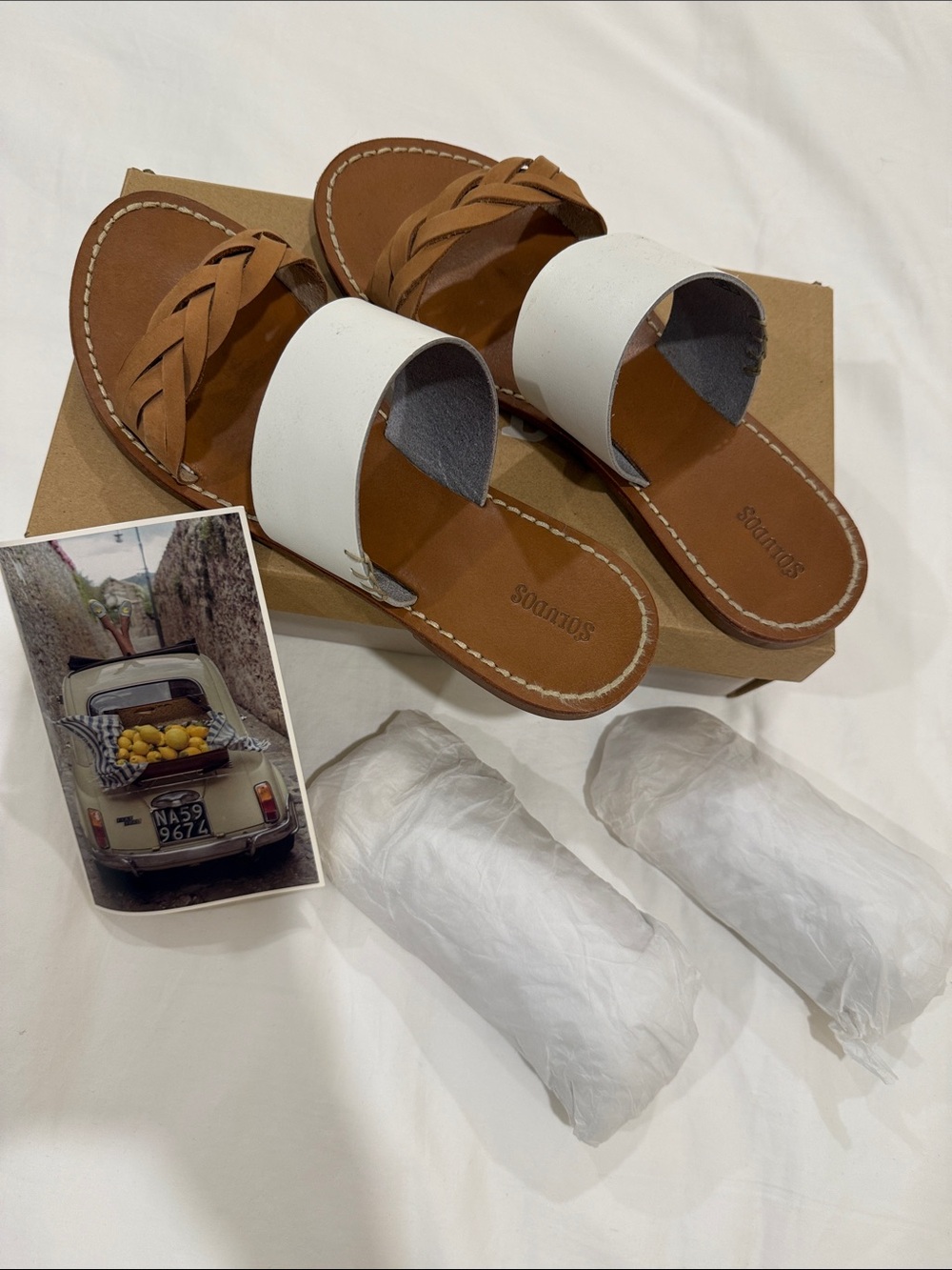 Soludos White and Brown Braided Two-Band Slide Sandals